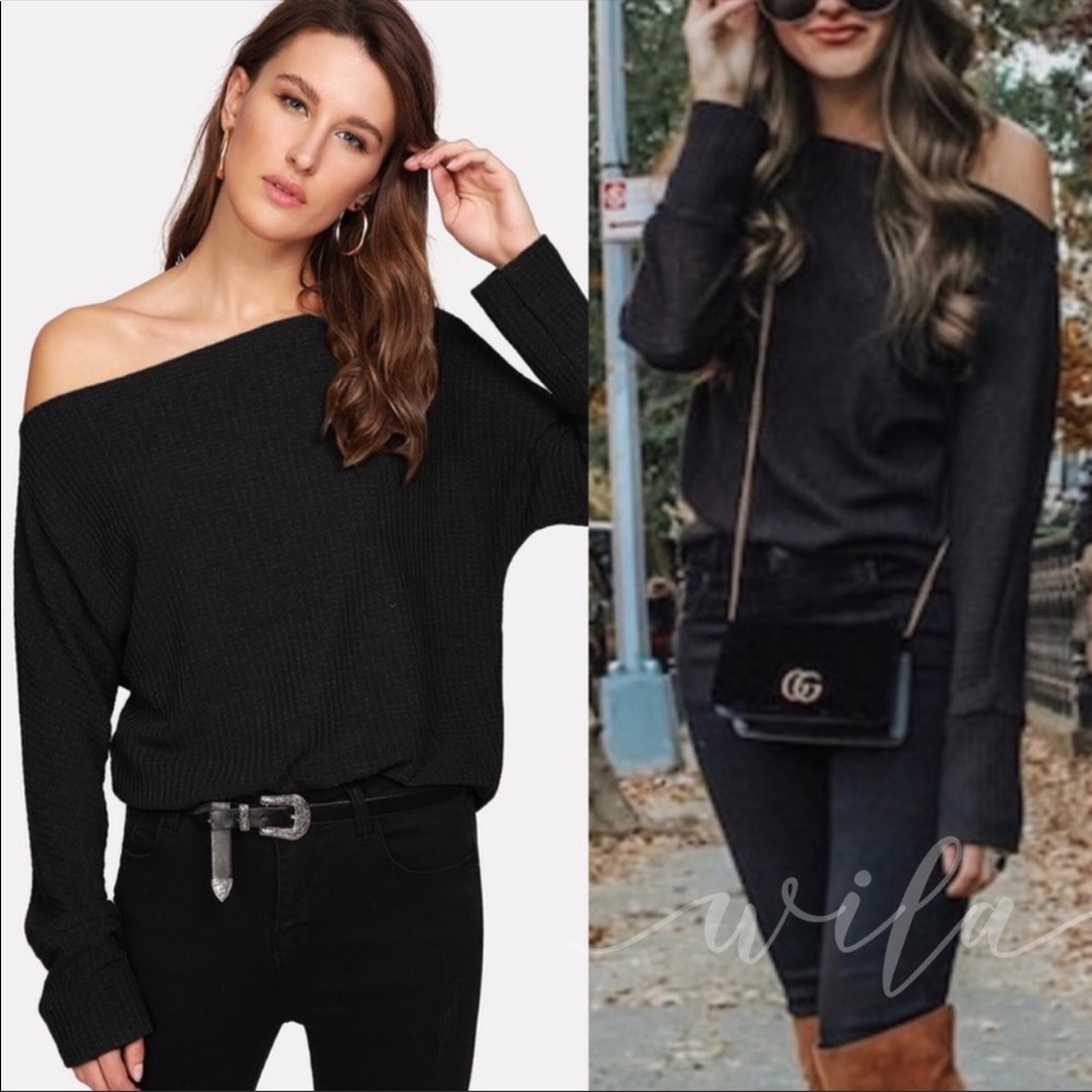 Long sleeve off shoulder knit top black - Picture 2 of 5